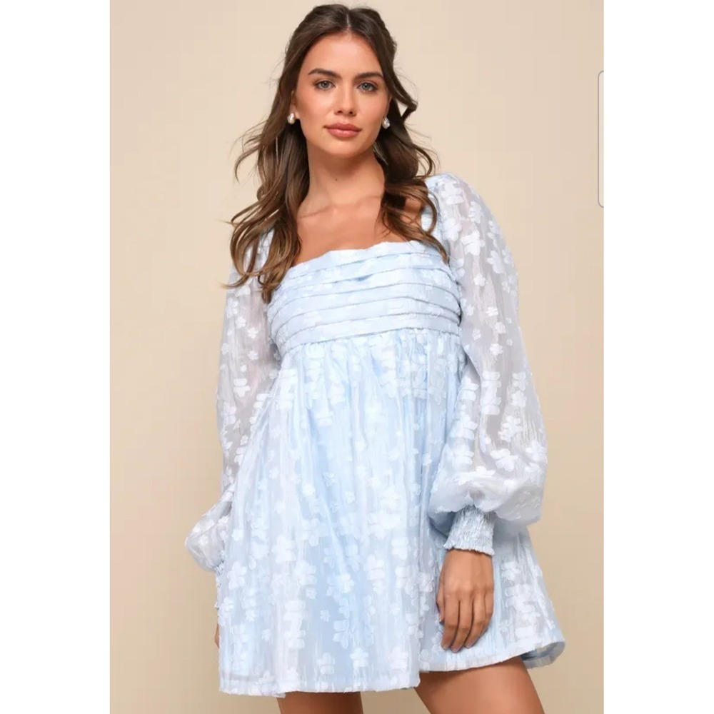 Lulu's Radiantly Cute Blue Burnout Mini Dress Size Large‎ Babydoll Coquette